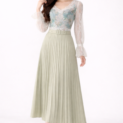 Women’s Elegant Pleated Midi Skirt with Belt – Flowy High-Waist Skirt (Multiple Colours)