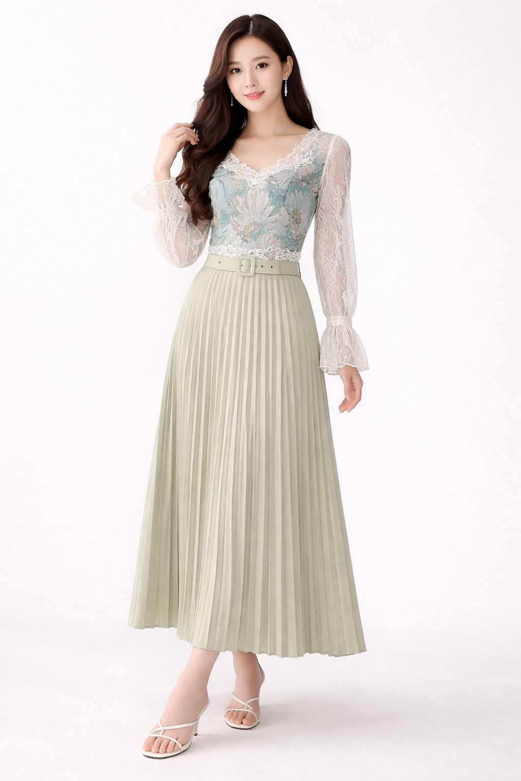 Women’s Elegant Pleated Midi Skirt with Belt – Flowy High-Waist Skirt (Multiple Colours)