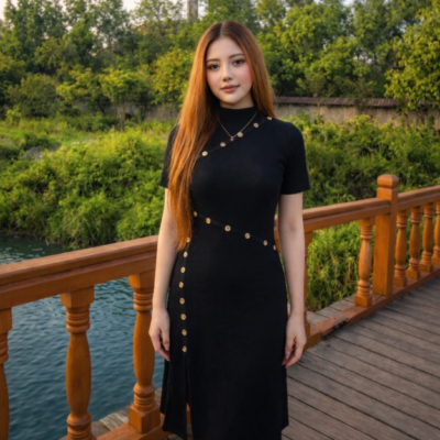 Women’s Elegant Ribbed Black Bodycon Dress with Button Detail – Chic Midi Dress