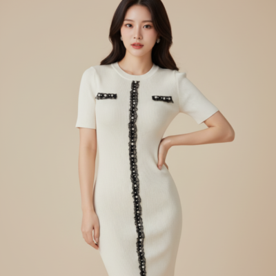 Women’s Elegant Ribbed Knit Dress Top with Contrast Lace Detail – Free Size