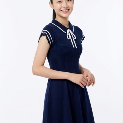 Women’s Navy Blue Ribbed Knit Mini Dress with Bow Collar – Elegant Casual Dress