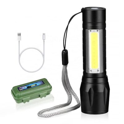 High LED Flashlight with COB Light - USB Rechargeable Mini Waterproof Portable LED XPE COB Flashlight, 3 Modes Light Flashlight with Hanging Rope, Metal 500 Lumens